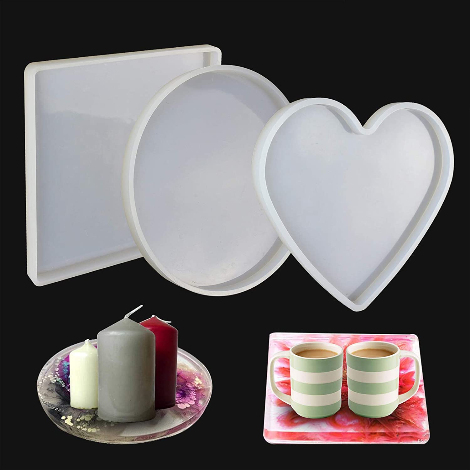 3 Pcs Large Resin Tray Moulds Including Round, Square, Heart Shape, Resin Silicone Molds for Casting Epoxy Resin etc
