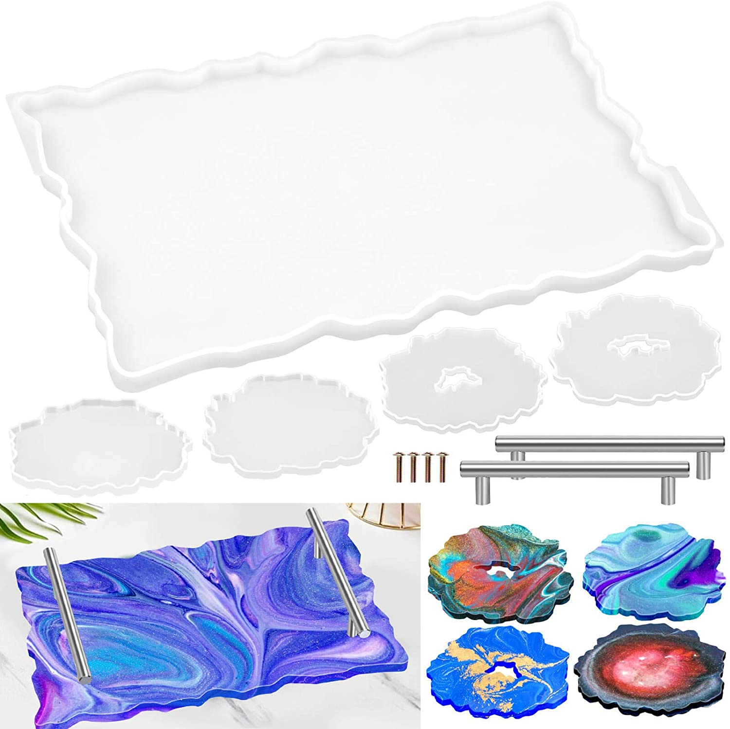 Resin Tray Mold Set 1Pc Resin Tray Mold Come with 4 Pcs Coaster Molds and 2Pcs Silver Handles DIY Home Decoration