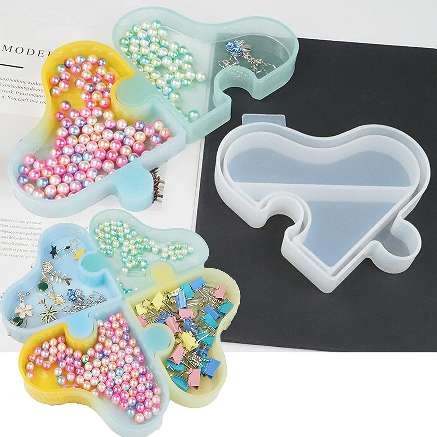Silicone Puzzle Heart Shape Jewelry Storage Tray Resin Casting Mold Box Love Heart Platter Four Leaf Clover Container