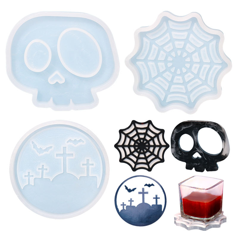 Diy Halloween Glue Mold Spider Web Skull Graveyard Coaster Silicone Mold