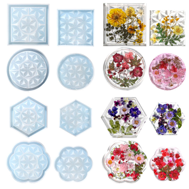 DIY Drip Rubber Mold Vintage Texture Flower Hexagonal Square Round Coaster Silicone Mold