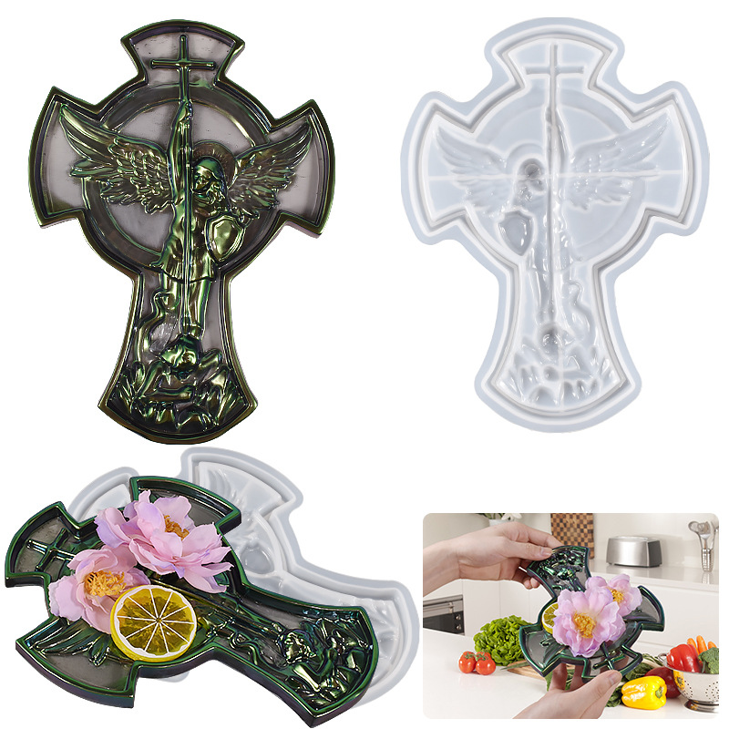 DIY Drip Resin Plaster Angel Mike Statue Wall Plaque Cross Storage Dish Silicone Mold