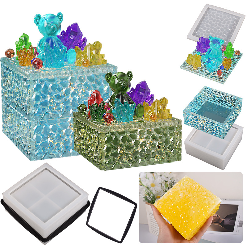DIY Square Diamond Mirror Stacking Storage Box Drip Mold Resin Plaster Ornament Silicone Mold