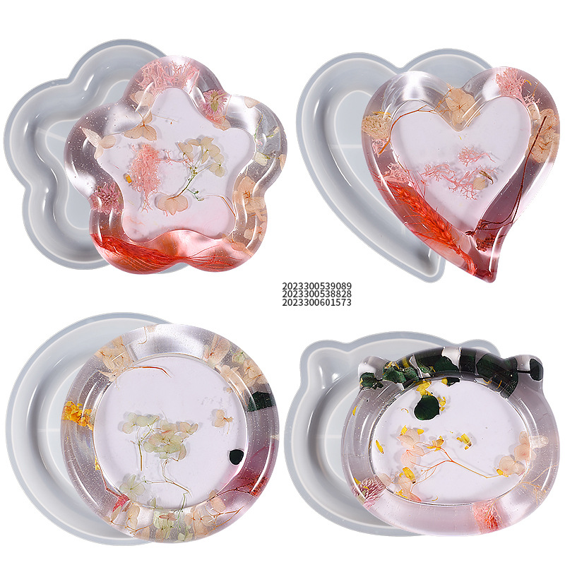 DIY Crystal Drip Resin Plaster Storage Tray Round Heart Shape Cat Head Flower Dish Silicone Mold