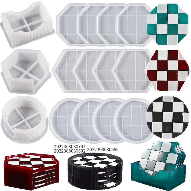 DIY Drip Rubber Chessboard Checkered Rectangular Hexagonal Round Coaster Organizer Lattice Spacer Silicone Mold