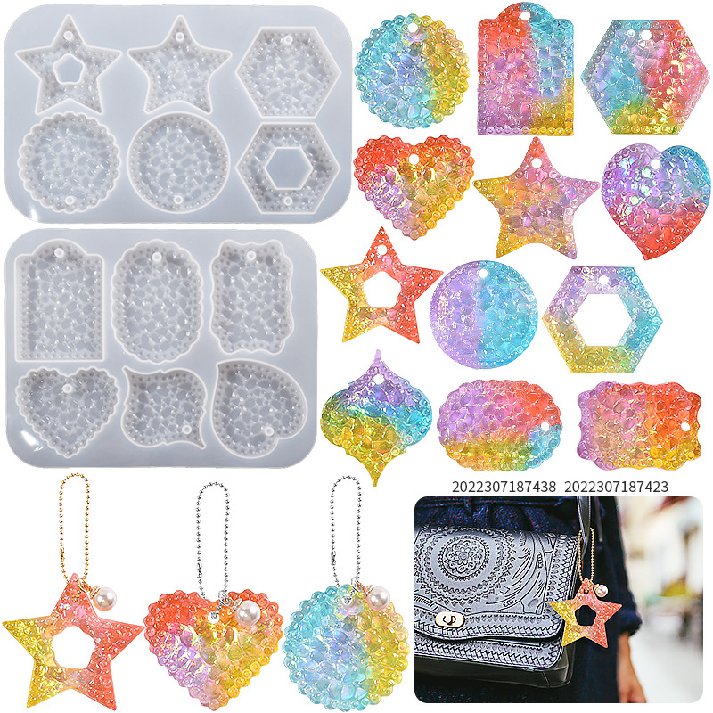 DIY Drip Resin Diamond Pattern Pentagram Love Circle Tag Pendant Keychain Silicone Mold
