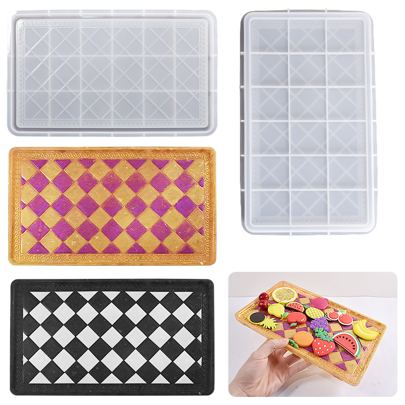 DIY Drip Resin Plaster Rectangular Diamond Checkerboard Grid Storage Tray Jewelry Dish Silicone Mold