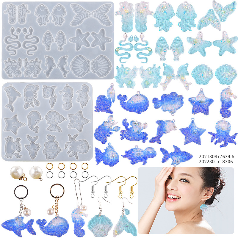 Drip Diy Ocean Wind Resin Earrings Pendant Silicone Mold Jellyfish Shells Sea Animals Grinding Tool