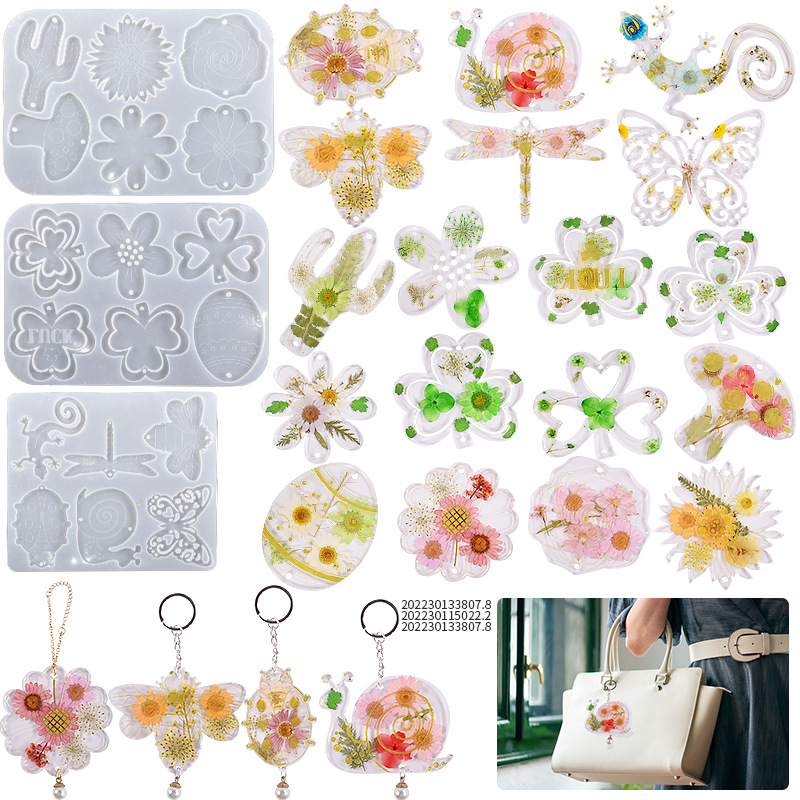 DIY Easter Drip Glue Gecko Insect Pendant Hangtag Silicone Mold Clover Mushroom Flower Grinder