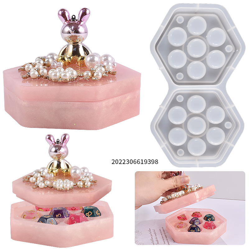 Crystal Drip Rubber Hexagonal Jewelry Organizer Table Game Dice Seven-Piece Storage Box Jar Silicone Mold