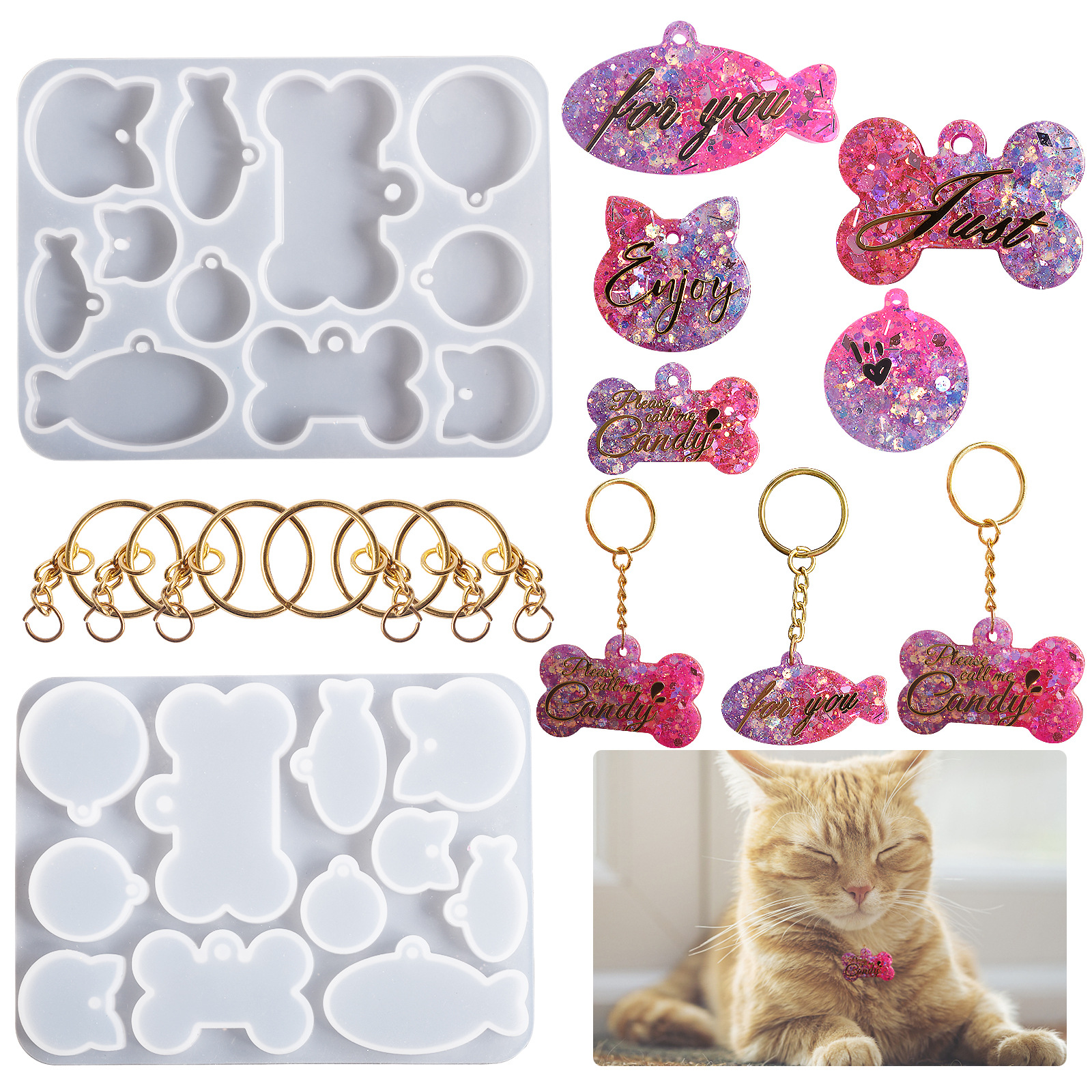 Crystal Drip Diy Kitten Pet Hang Tag Small Fish Dog Bone Anti-Loss Nameplate Pendant Silicone Mold