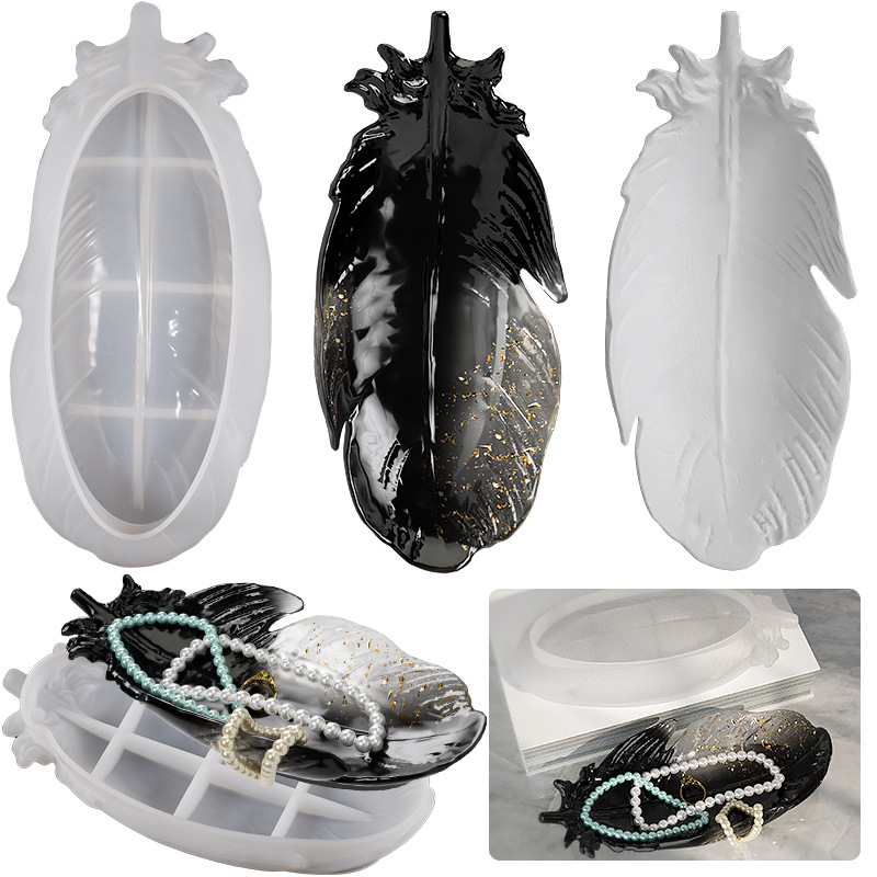 DIY Crystal Drip Resin Feather Wing Plate Ornament Mirror Plate Storage Box Silicone Mold