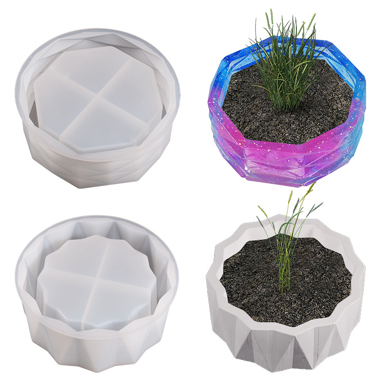 Round Cut Flower Pot Organizer Silicone Mold Diy Crystal Drip Cement Plaster Resin Grinder