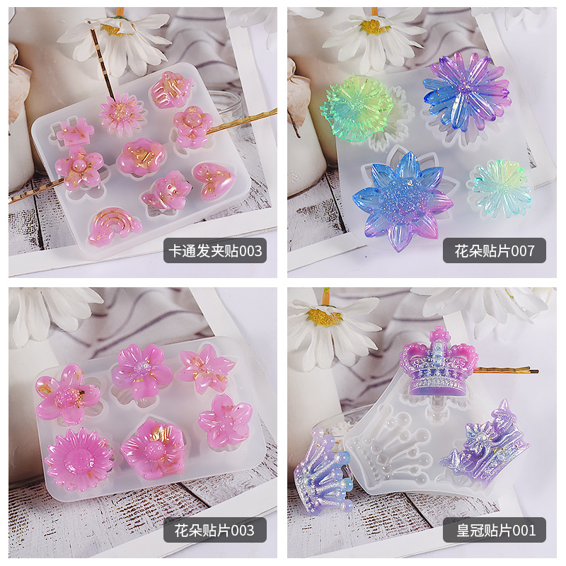 DIY Crystal Drip Rubber Ring Hair Clip Jewelry Silicone Mold Flowers Crown Love Animal Patch Grinding