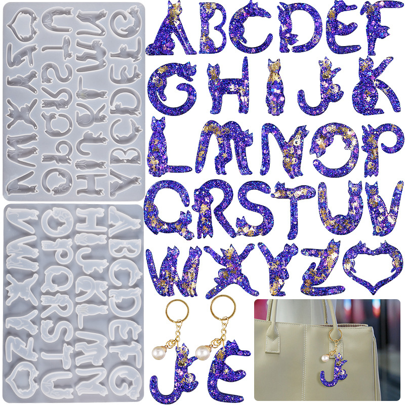 Crystal Drip Rubber Full Version Of The English 26 Letters 26 Cats Letters Pendant Silicone Mold Diy Keychain