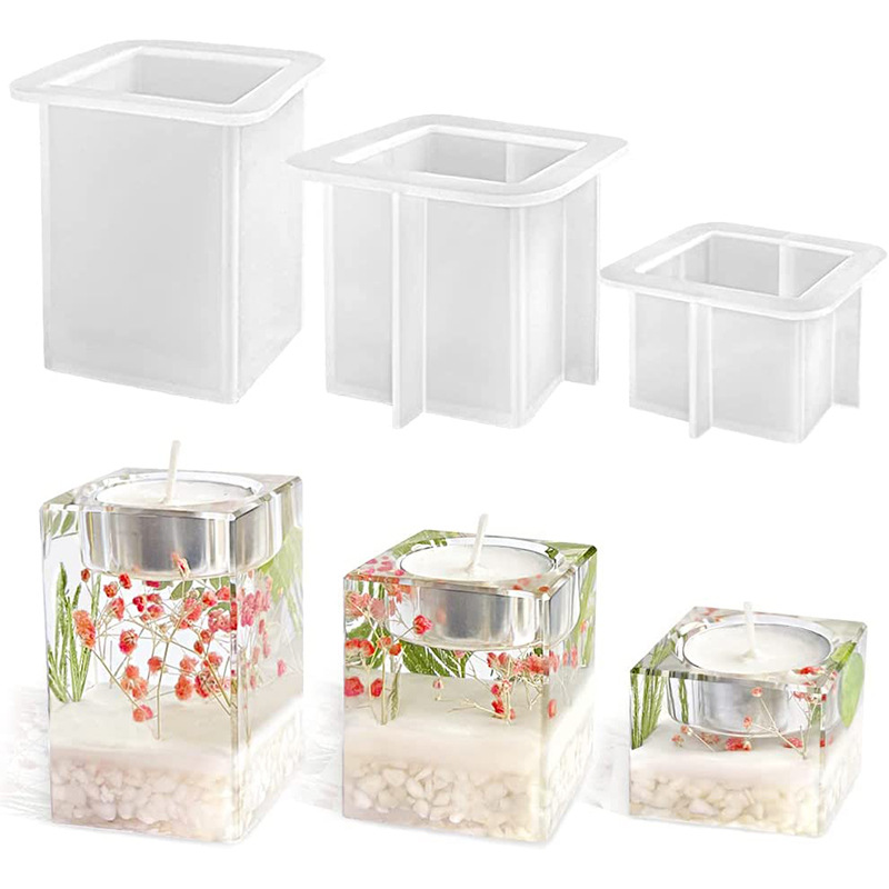 Crystal Drip Epoxy Resin Three-Dimensional Ornaments Small, Medium And Large Three Square Candle Holder Silicone Mold