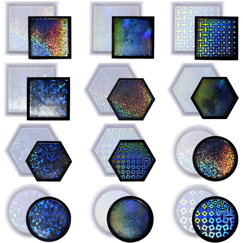 Epoxy Resin Mold Holographic Laser Pattern Six-Sided Square Round Tea Coaster Silicone Mold