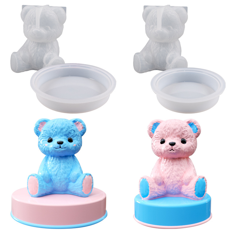 Epoxy Resin Mold Three-Dimensional Animal Ornaments Round Base Smiley Face Teddy Sit Up Bear Silicone Mold