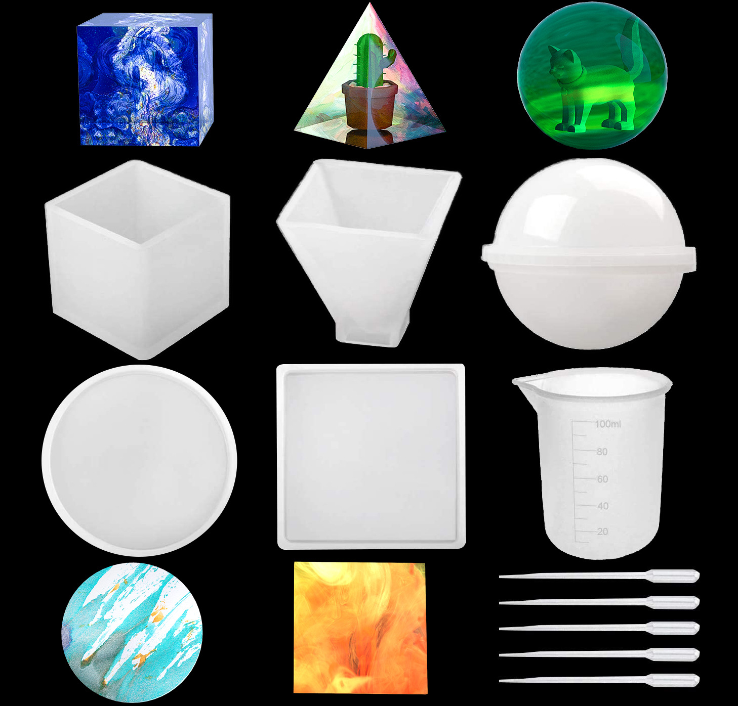 Diy Crystal Drip Rubber Round Ball Square Square Body Pendulum Coaster Combination Set Mirror Resin Silicone Mold Set