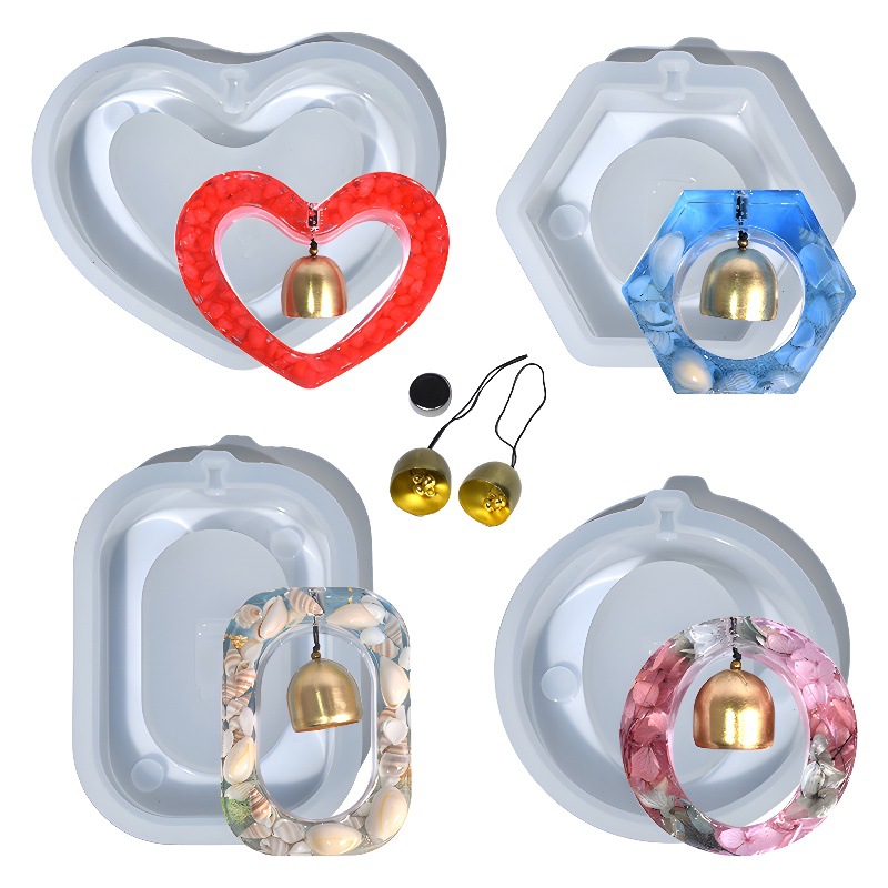 Epoxy Resin Mold With Bell Pendant Oval Six-Sided Heart Doorbell Silicone Mold