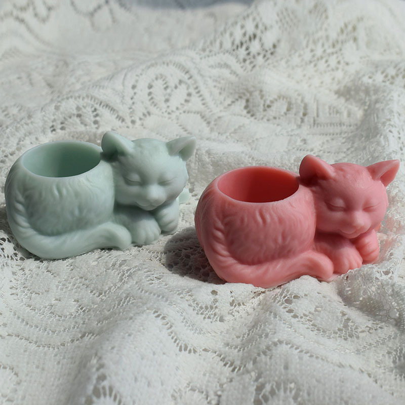 Crawling Sleeping Kitten Flower Pot Mold Diy Succulent Plaster Cement Candle Holder Animal Flower Pot Silicone Mold