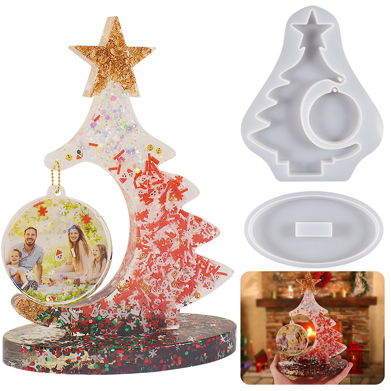 Crystal Drip Resin Christmas Tree Photo Frame Silicone Mold Diy Plaster Ornament Hanging Plaque Drip Mold